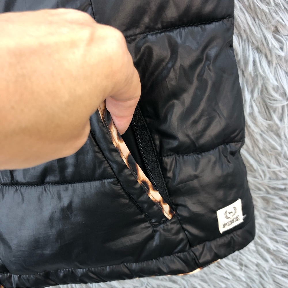 Pink Victorias Secret Jacket Small Black Puffer Full Zip Vest Cheetah Accent - Picture 3 of 12